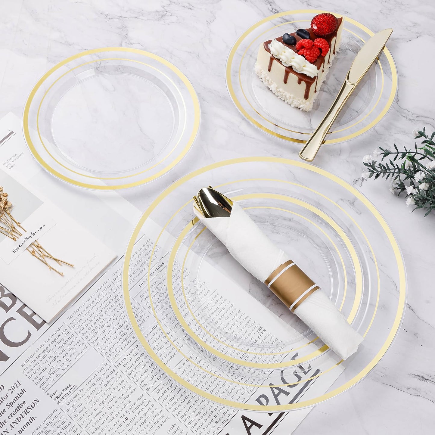 Goodluck 350-Piece Disposable Clear Gold Plastic Dinnerware Set for 50 Guests