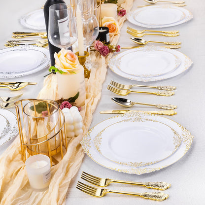 Goodluck Disposable White and Gold Plastic Plates for Party, Wedding and Graduation