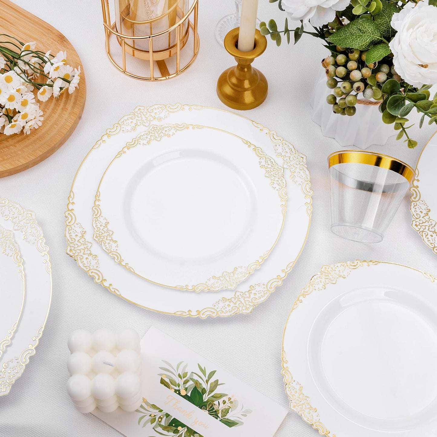 Goodluck Disposable White and Gold Plastic Plates for Party, Wedding and Graduation