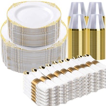 Goodluck 350PCS Disposable Retro White with Gold Rim Plastic Dinnerware for 50 Guests
