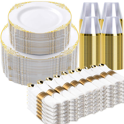 Goodluck 350PCS Disposable Retro White with Gold Rim Plastic Dinnerware for 50 Guests
