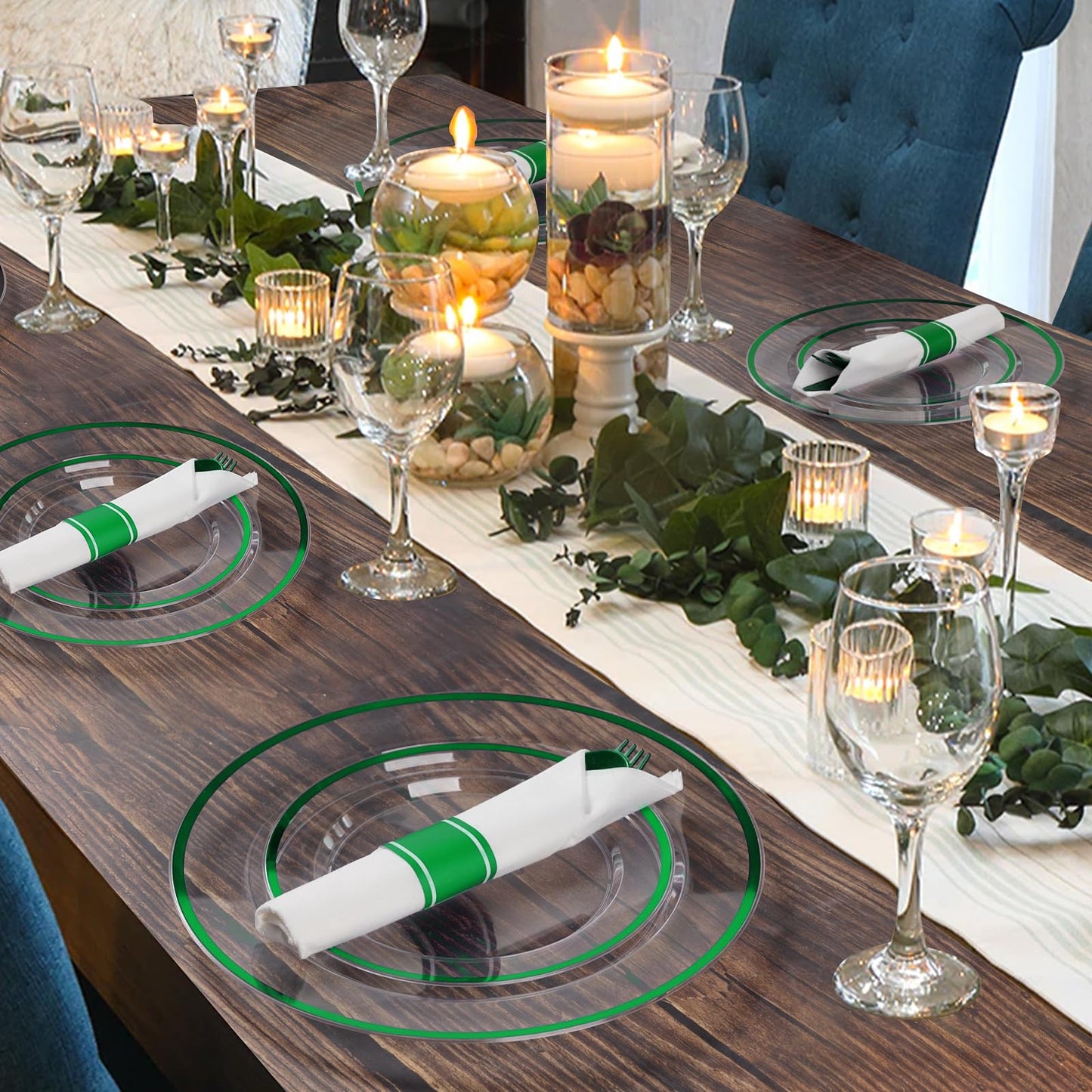 Goodluck 350 Piece Disposable Clear with Green Rim Plastic Dinnerware Set for 50 Guests