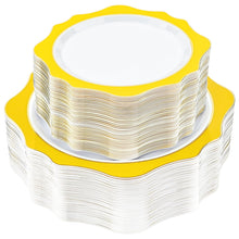 Goodluck 100 PCS White with Yellow Rim Disposable Scalloped Plastic Plates for Party, Wedding, and Graduation