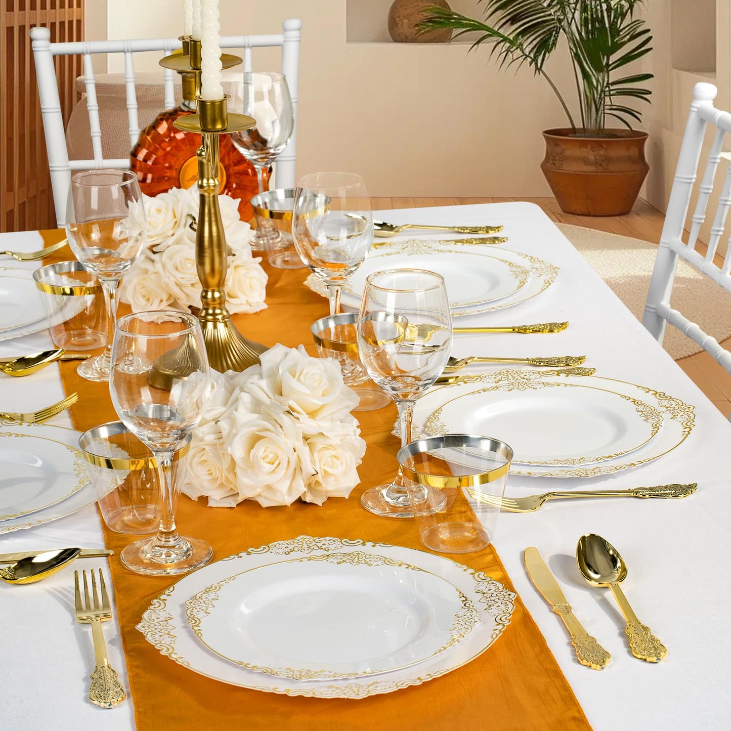Goodluck 350PCS Disposable Retro White with Gold Rim Plastic Dinnerware for 50 Guests