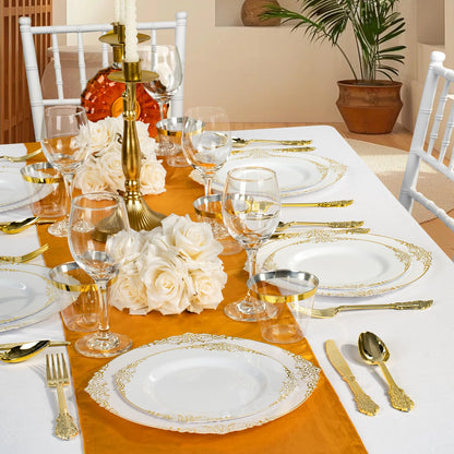 Goodluck 350PCS Disposable Retro White with Gold Rim Plastic Dinnerware for 50 Guests