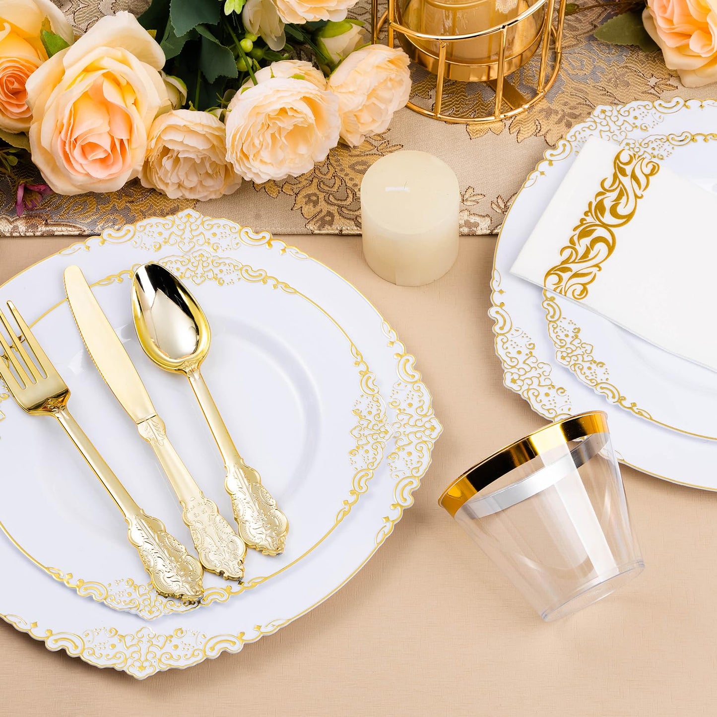 Goodluck 350PCS Disposable White with Gold Rim Plastic Dinnerware Set for 50 Guests