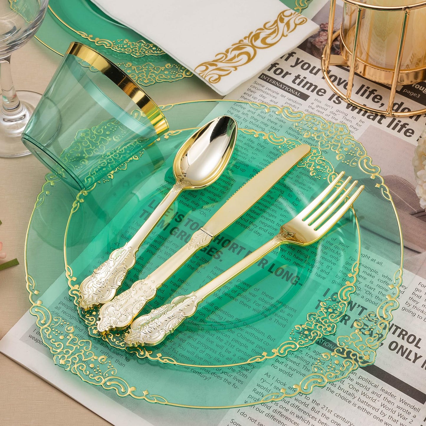 Goodluck Disposable Clear Green Plastic Dinnerware Sets
