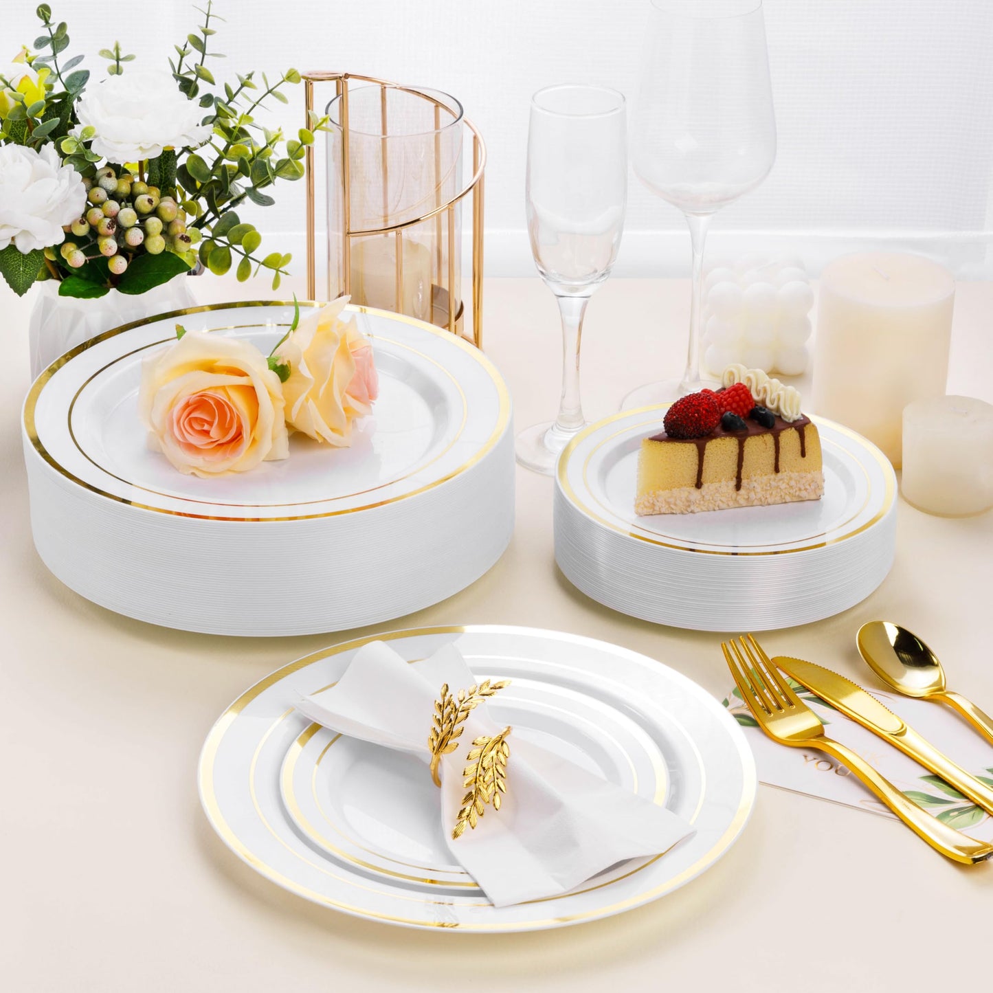 Goodluck 10.25 Inch White with Double Gold Rim Plastic Plates for Party