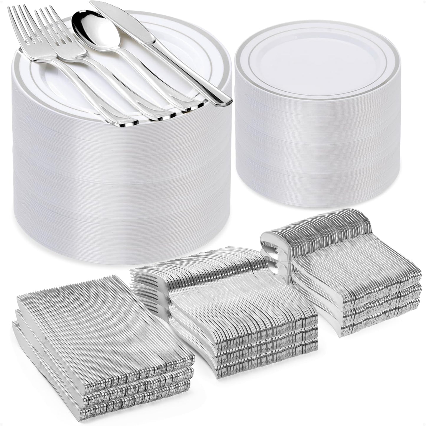 Goodluck 600-Piece Disposable Silver Plastic Dinnerware Set for 100 Guests