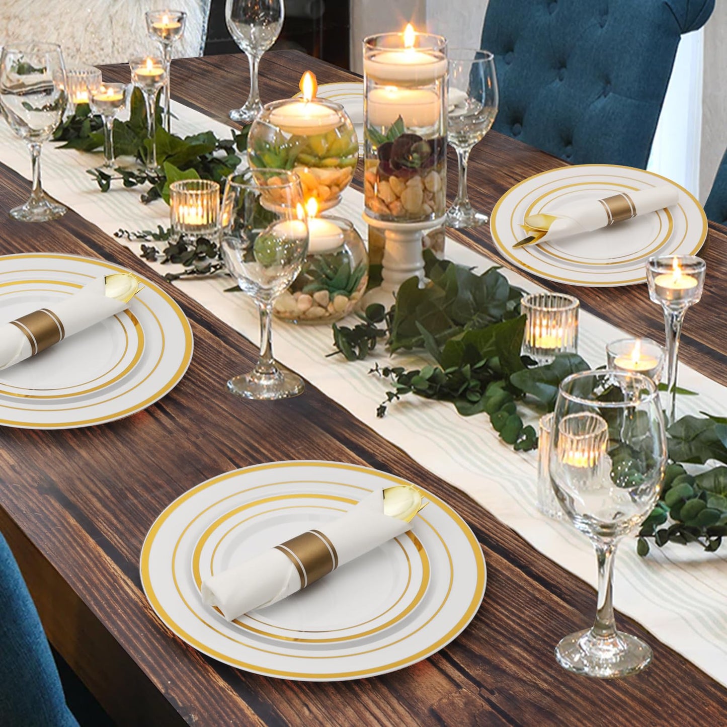 Goodluck Disposable White with Double Gold Rim Pre-Rolled Napkins Plastic Dinnerware Set