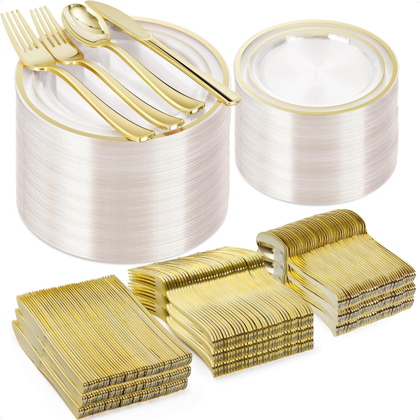 Goodluck 600-Piece Disposable Clear Gold Plastic Dinnerware Set for 100 Guests