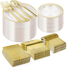 Goodluck 600-Piece Disposable Clear Gold Plastic Dinnerware Set for 100 Guests