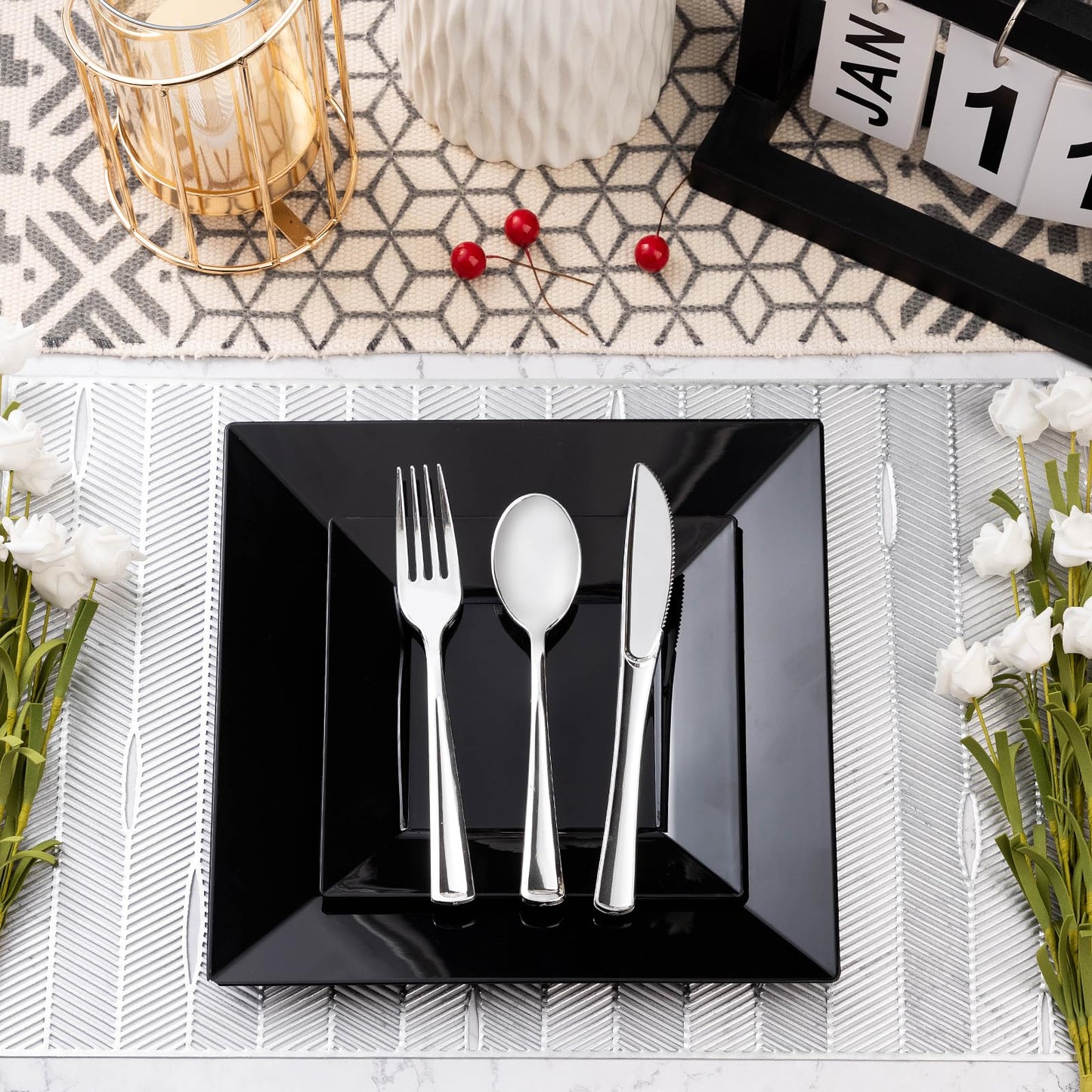 Goodluck Heavy Duty Disposable Square Black Plastic Plates for Wedding, Holiday Party, Birthday, Halloween