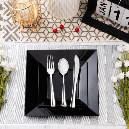 Goodluck Heavy Duty Disposable Square Black Plastic Plates for Wedding, Holiday Party, Birthday, Halloween
