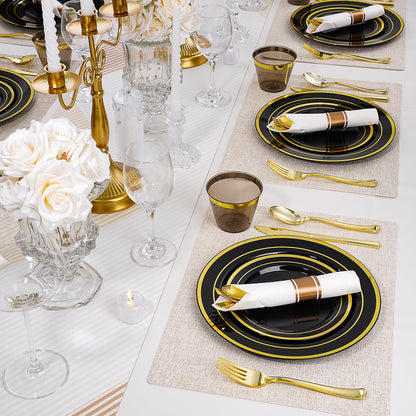 Goodluck 350-Piece Disposable Black Plastic Dinnerware Set for 50 Guests