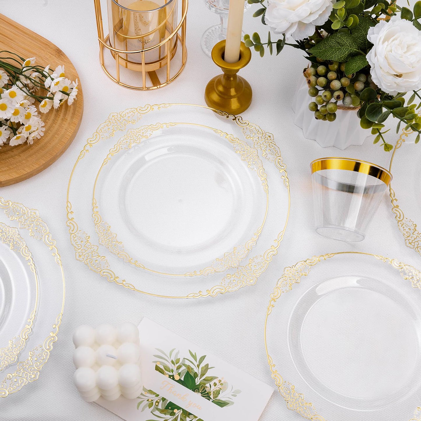 Goodluck 200 PCS Disposable Clear with Gold Rim Plastic Plates for 100 Guests