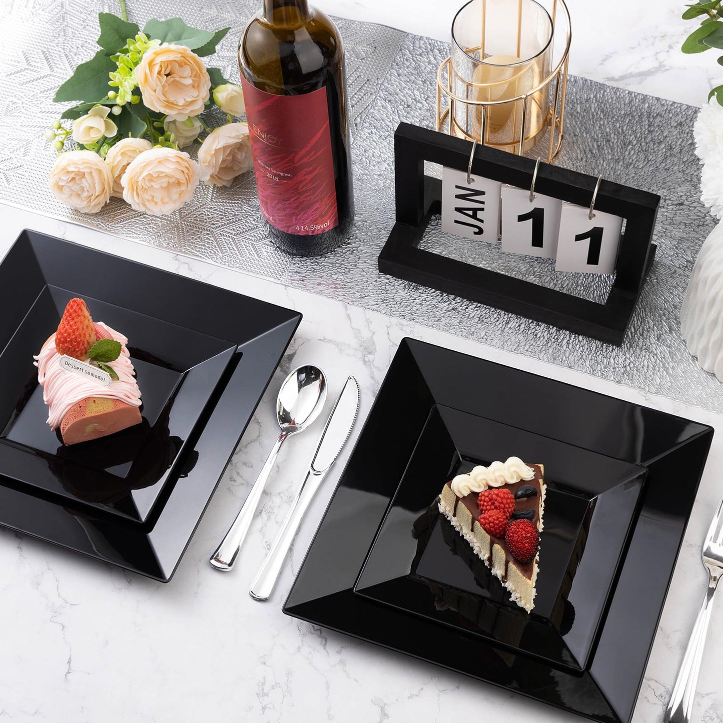 Goodluck Heavy Duty Disposable Square Black Plastic Plates for Wedding, Holiday Party, Birthday, Halloween