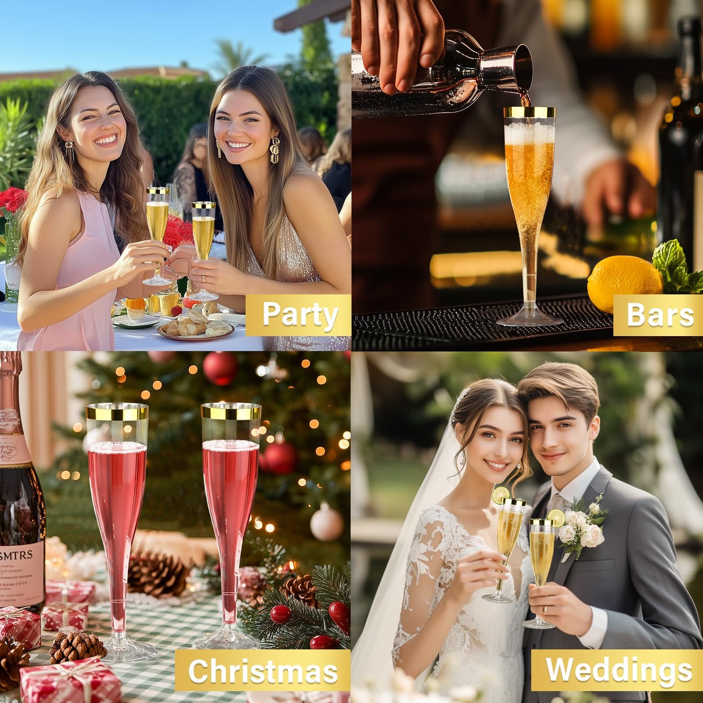 Goodluck 36 Pack 6.5 oz Disposable Plastic Clear Champagne Flutes with Gold Rim Wedding, Engagement, Party, Mimosa Bar