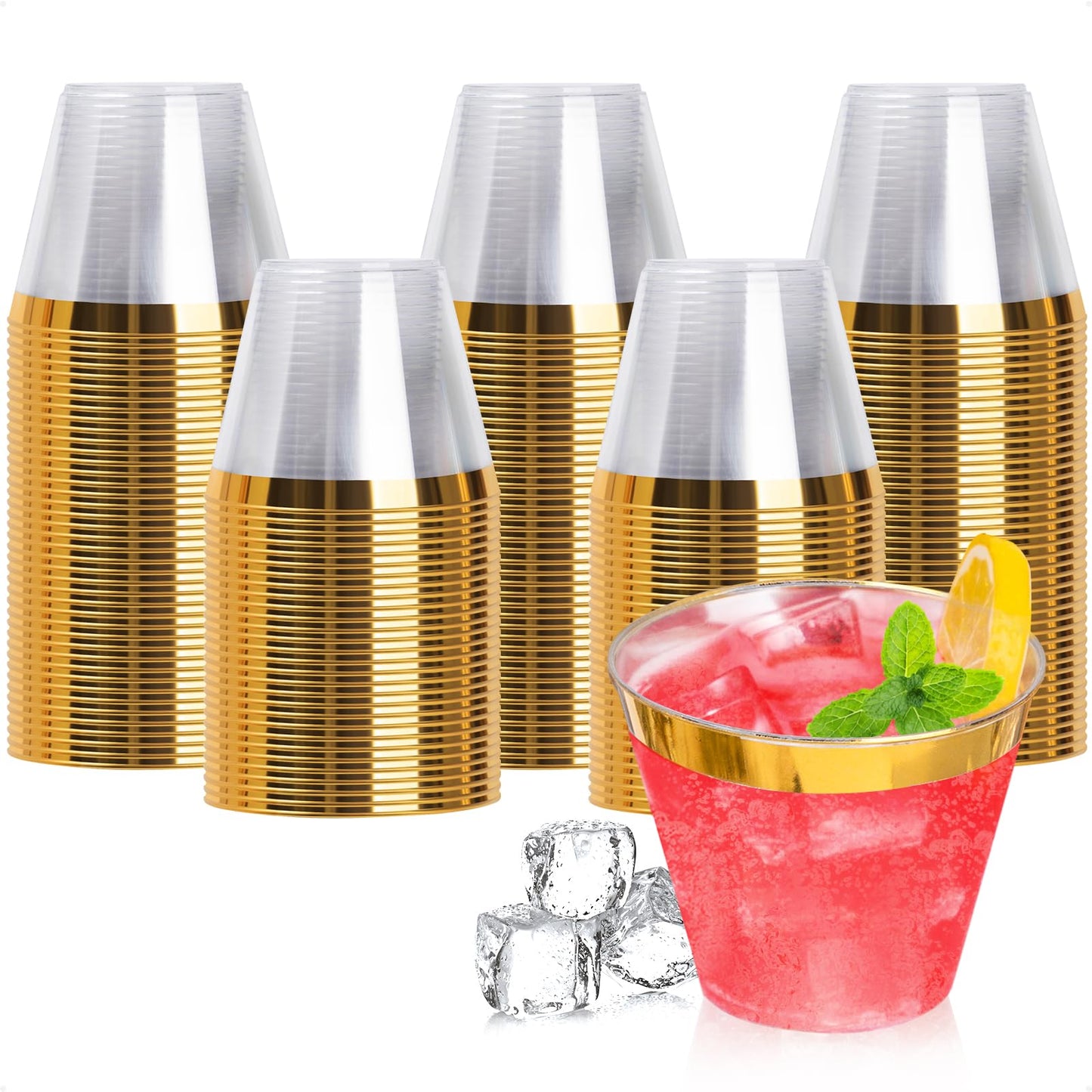 Goodluck 9oz Disposable Gold Rim Plastic Cups for Wedding, Thanksgiving, Christmas, and Parties