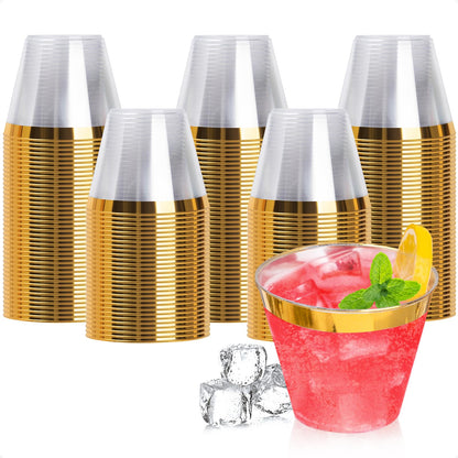 Goodluck 9oz Disposable Gold Rim Plastic Cups for Wedding, Thanksgiving, Christmas, and Parties