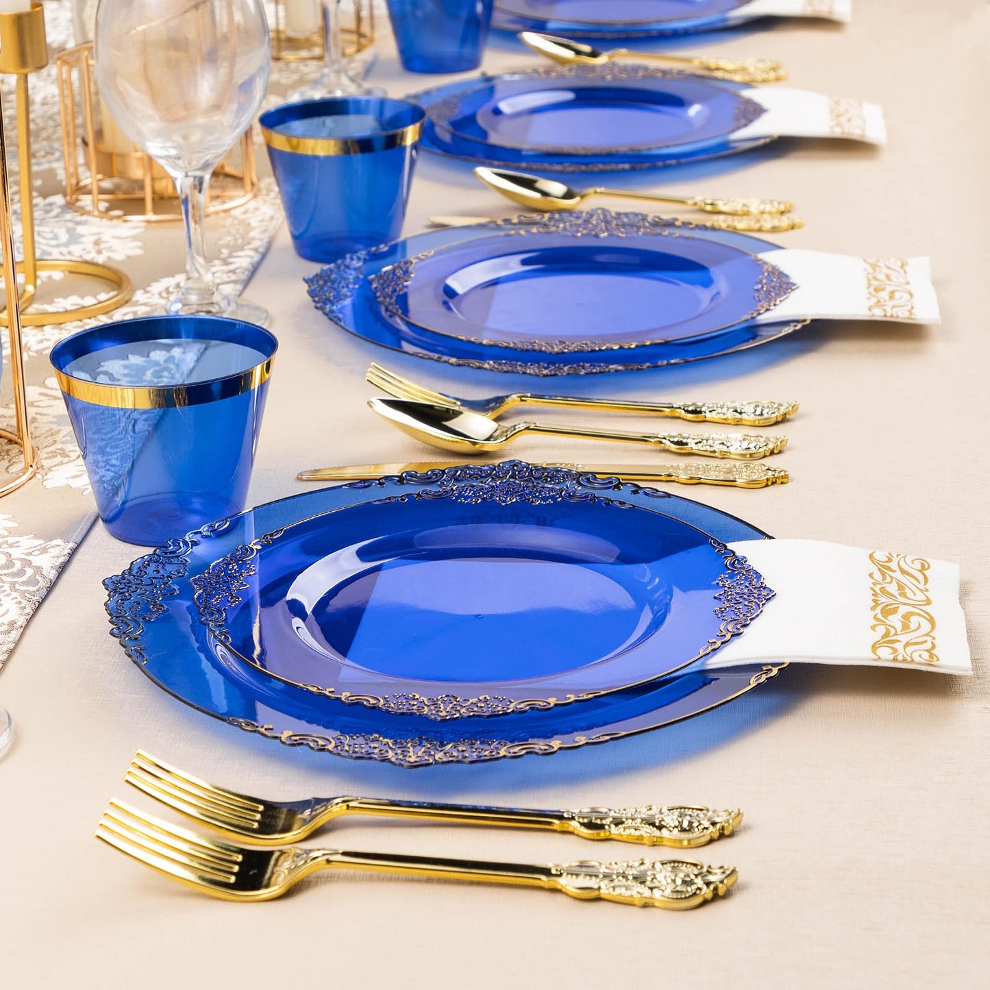 Goodluck Disposable Clear Blue with Gold Rim Plastic Dinnerware Sets