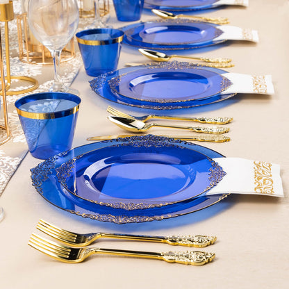 Goodluck Disposable Clear Blue with Gold Rim Plastic Dinnerware Sets