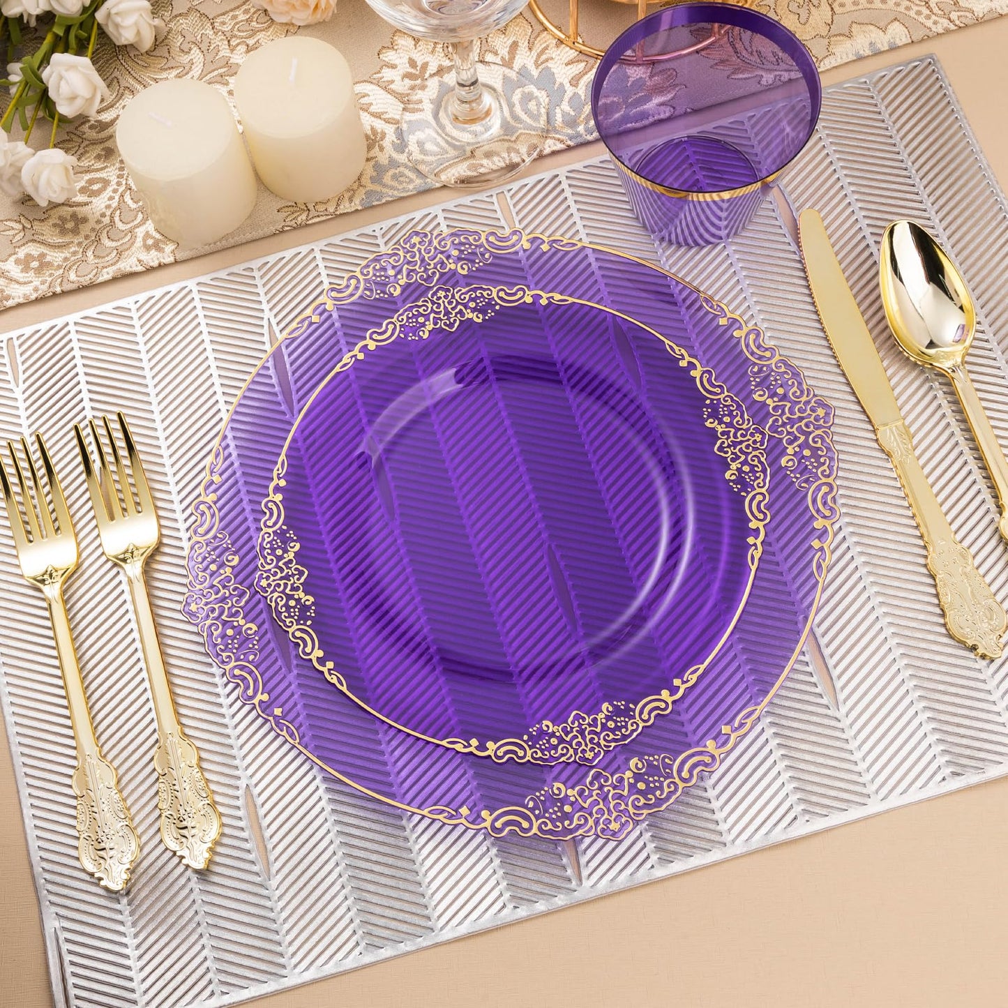 Goodluck Disposable Retro Clear Purple Dinnerware Sets