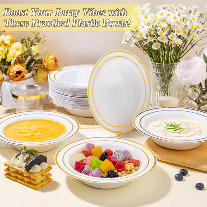 Goodluck 12-Ounce Disposable Soup Bowls with Gold Rims for Parties