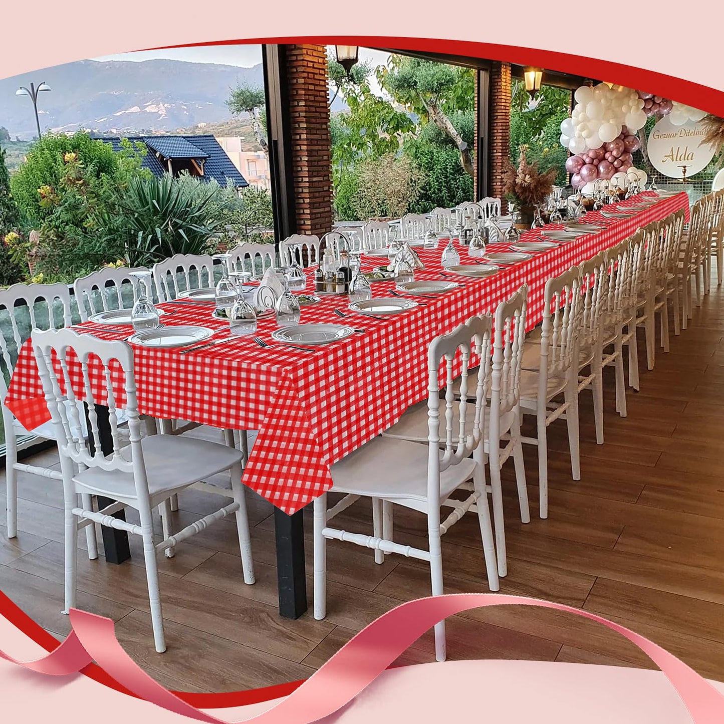 Goodluck 54 Inch X 300 Feet Red Checkered Plastic Tablecloths with Cutter Box