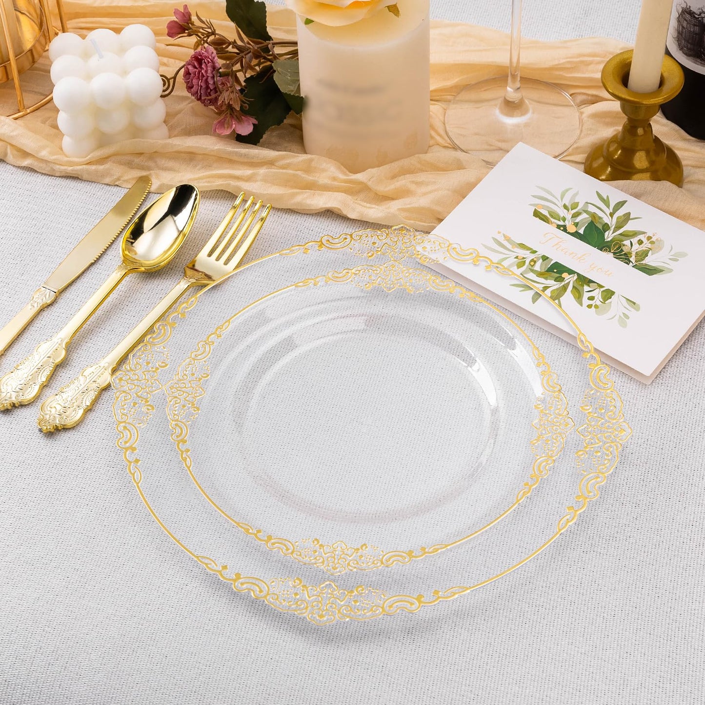 Goodluck 200 PCS Disposable Clear with Gold Rim Plastic Plates for 100 Guests