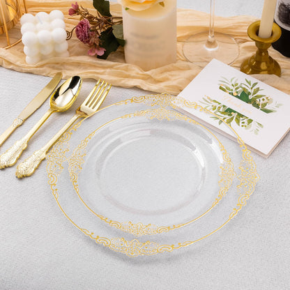 Goodluck 200 PCS Disposable Clear with Gold Rim Plastic Plates for 100 Guests