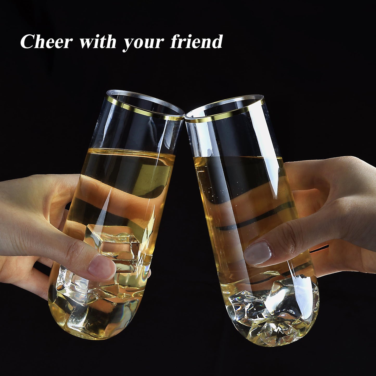 Goodluck 9 oz Disposable Stemless Clear with Gold Rim  Plastic Champagne Flutes for Party, Graduation & Wedding