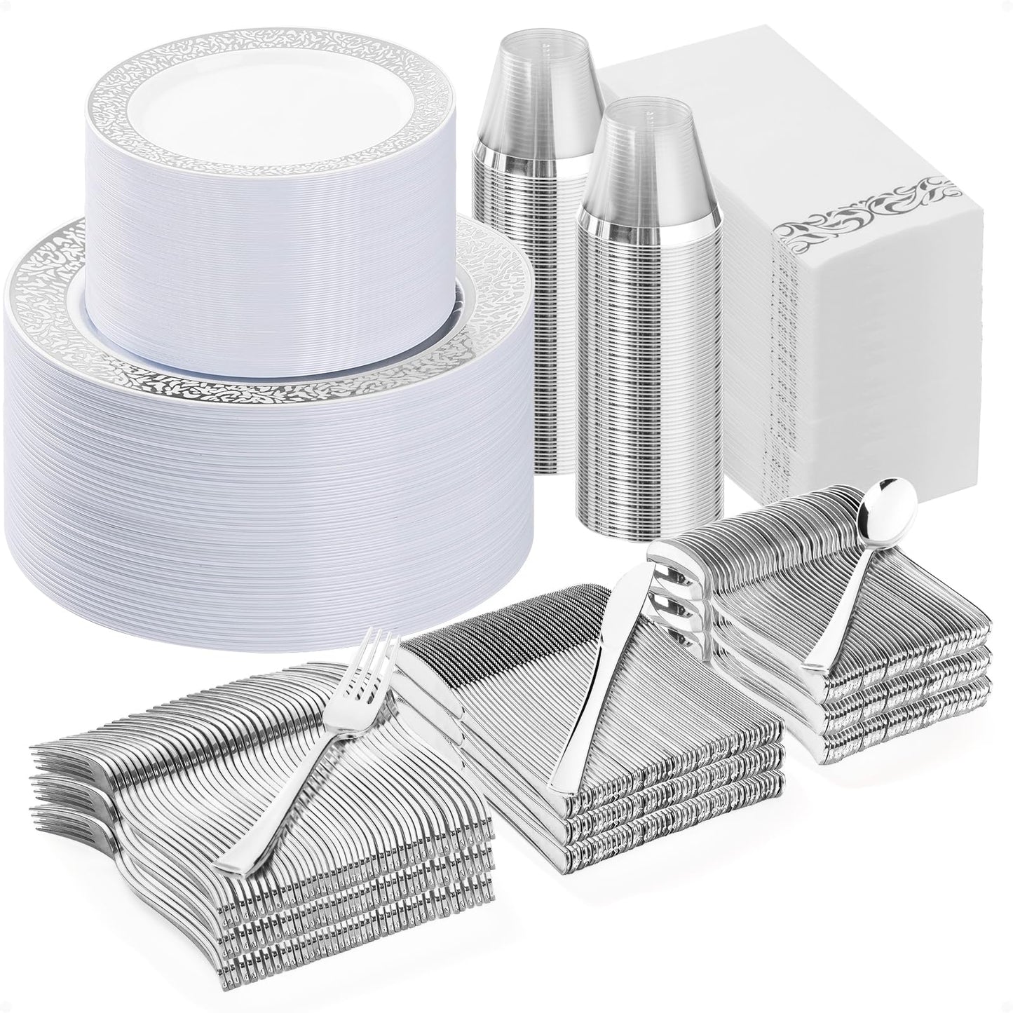 Goodluck 700PCS Disposable Silver Plastic Dinnerware Sets for 100 Guests