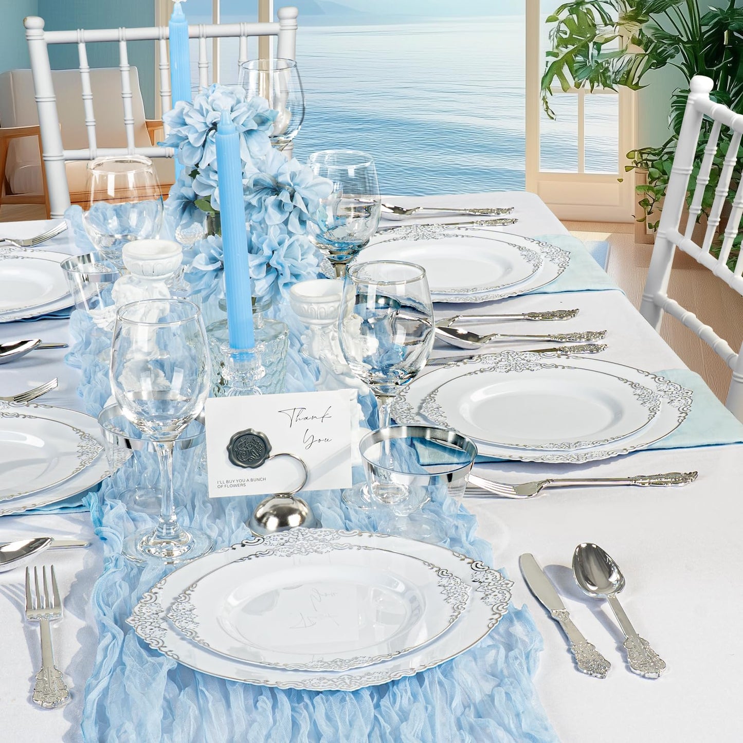 Goodluck 350PCS Disposable Silver Plastic Dinnerware Sets for 50 Guests