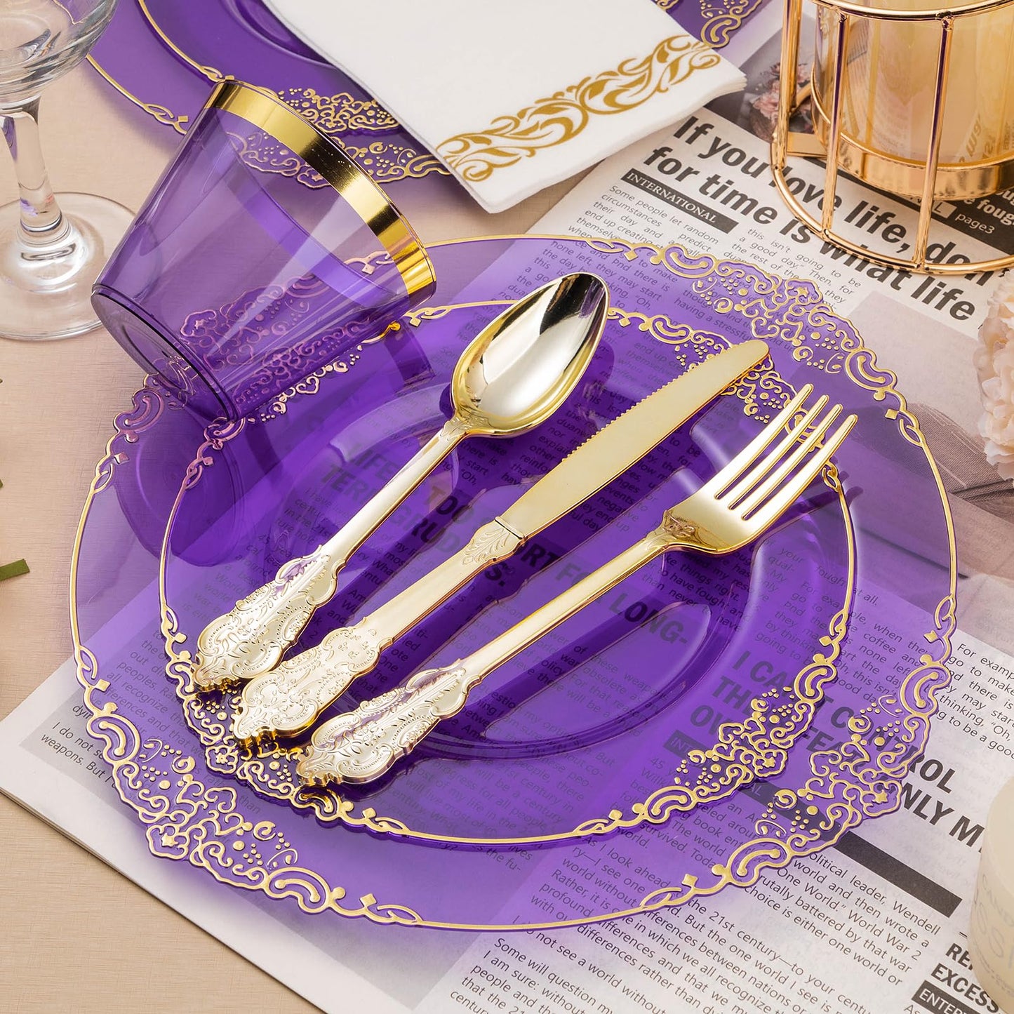 Goodluck Disposable Retro Clear Purple Dinnerware Sets