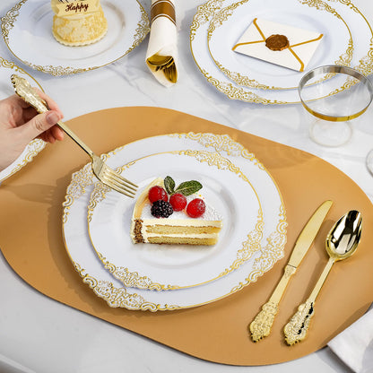 Goodluck 350PCS Disposable Retro White with Gold Rim Plastic Dinnerware for 50 Guests
