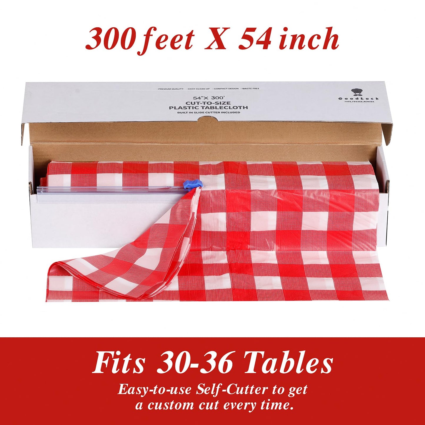 Goodluck 54 Inch X 300 Feet Red Checkered Plastic Tablecloths with Cutter Box