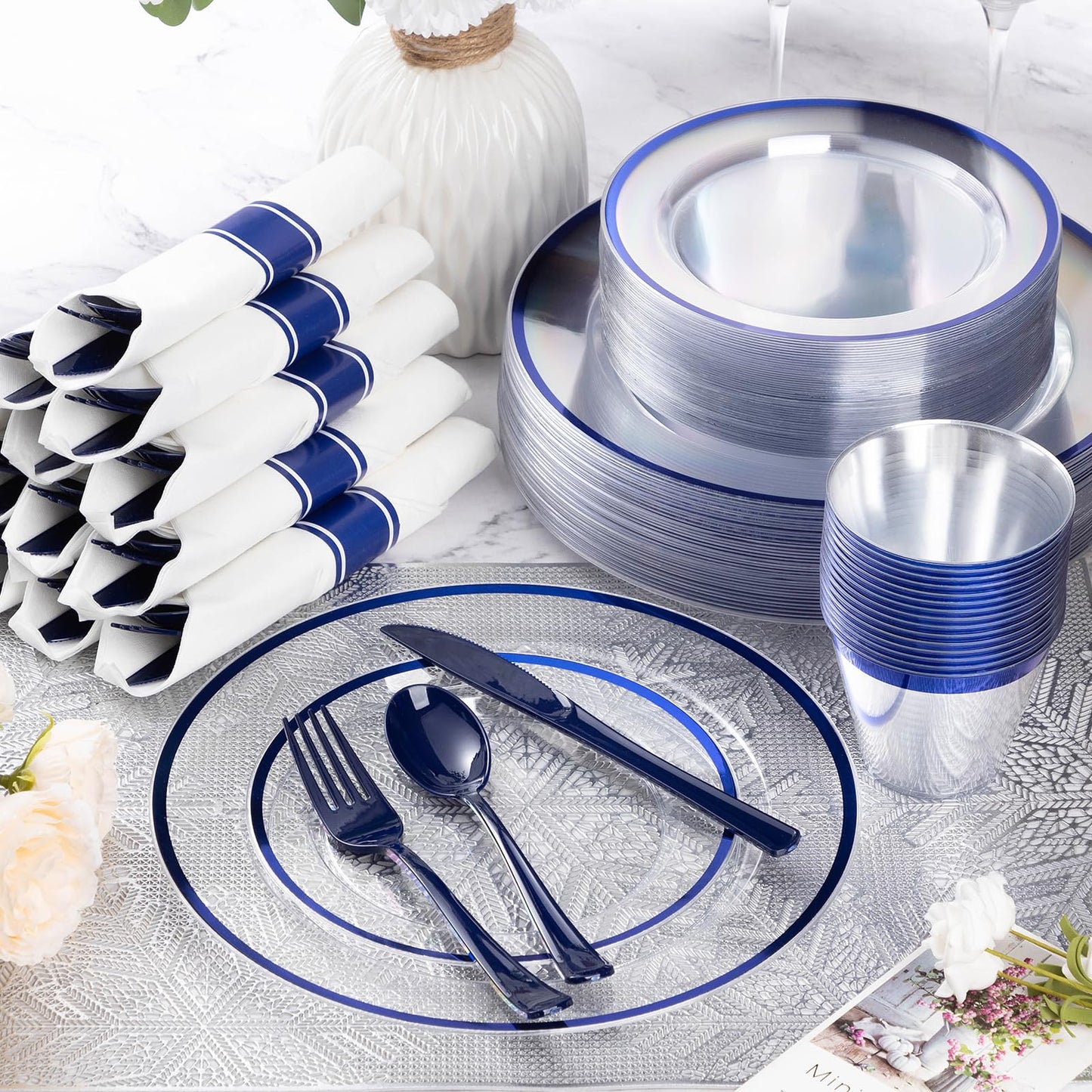 Goodluck Clear with Dark Blue Rim Plastic Dinnerware Set