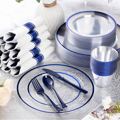 Goodluck Clear with Dark Blue Rim Plastic Dinnerware Set