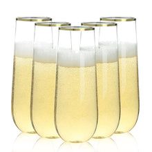 Goodluck 9 oz Disposable Stemless Clear with Gold Rim  Plastic Champagne Flutes for Party, Graduation & Wedding