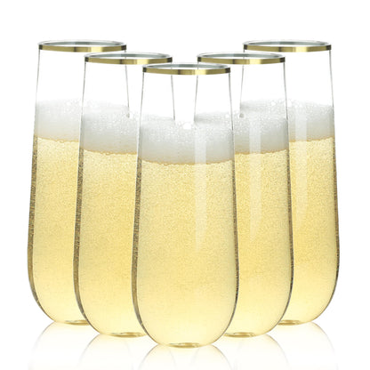 Goodluck 9 oz Disposable Stemless Clear with Gold Rim  Plastic Champagne Flutes for Party, Graduation & Wedding