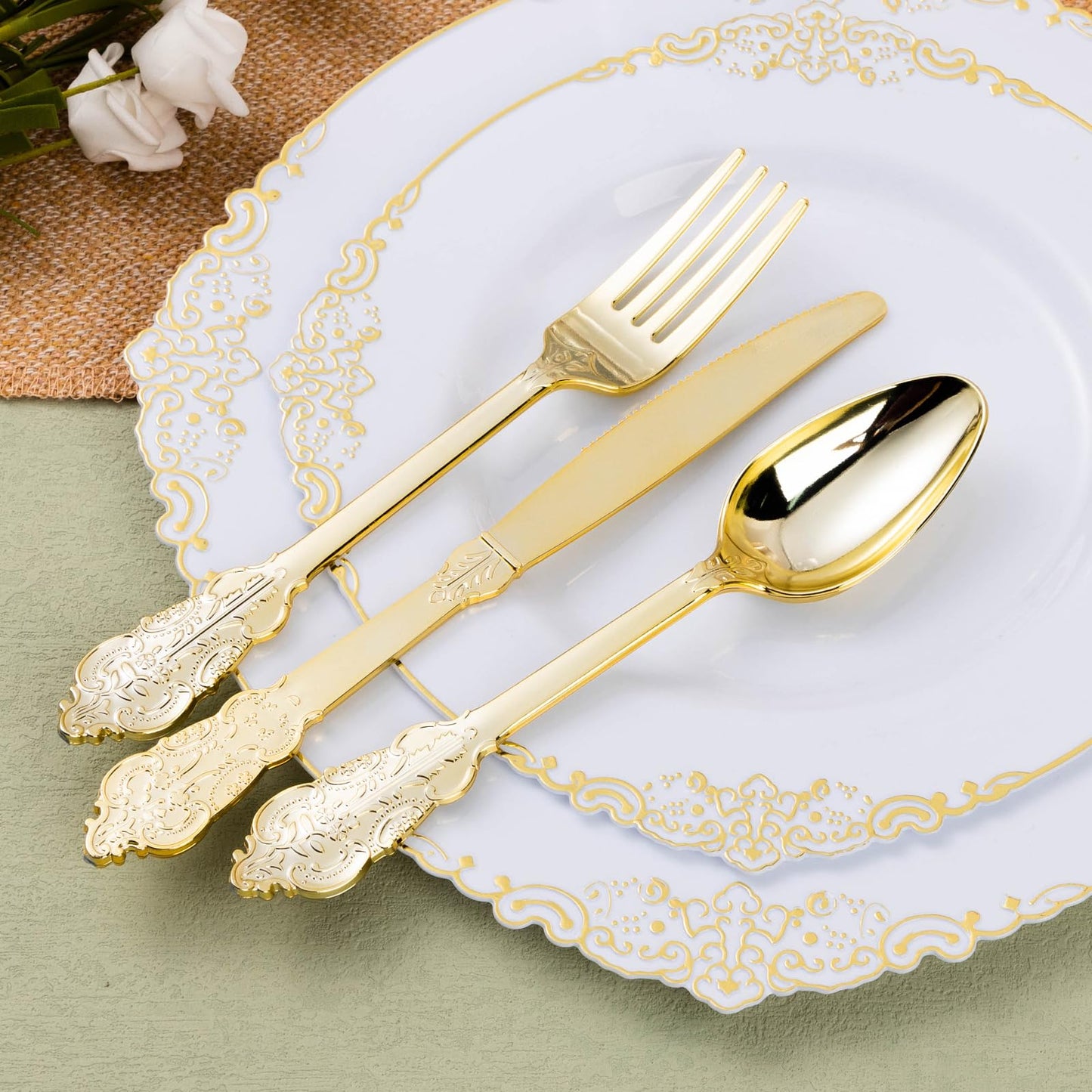 Goodluck 400 Pack Disposable Gold Utensil Sets with Pre-Rolled Napkins for 100 Guests