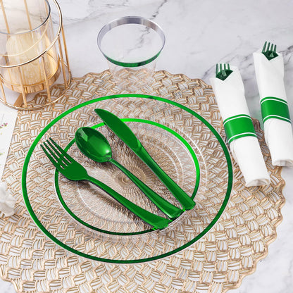 Goodluck 350 Piece Disposable Clear with Green Rim Plastic Dinnerware Set for 50 Guests