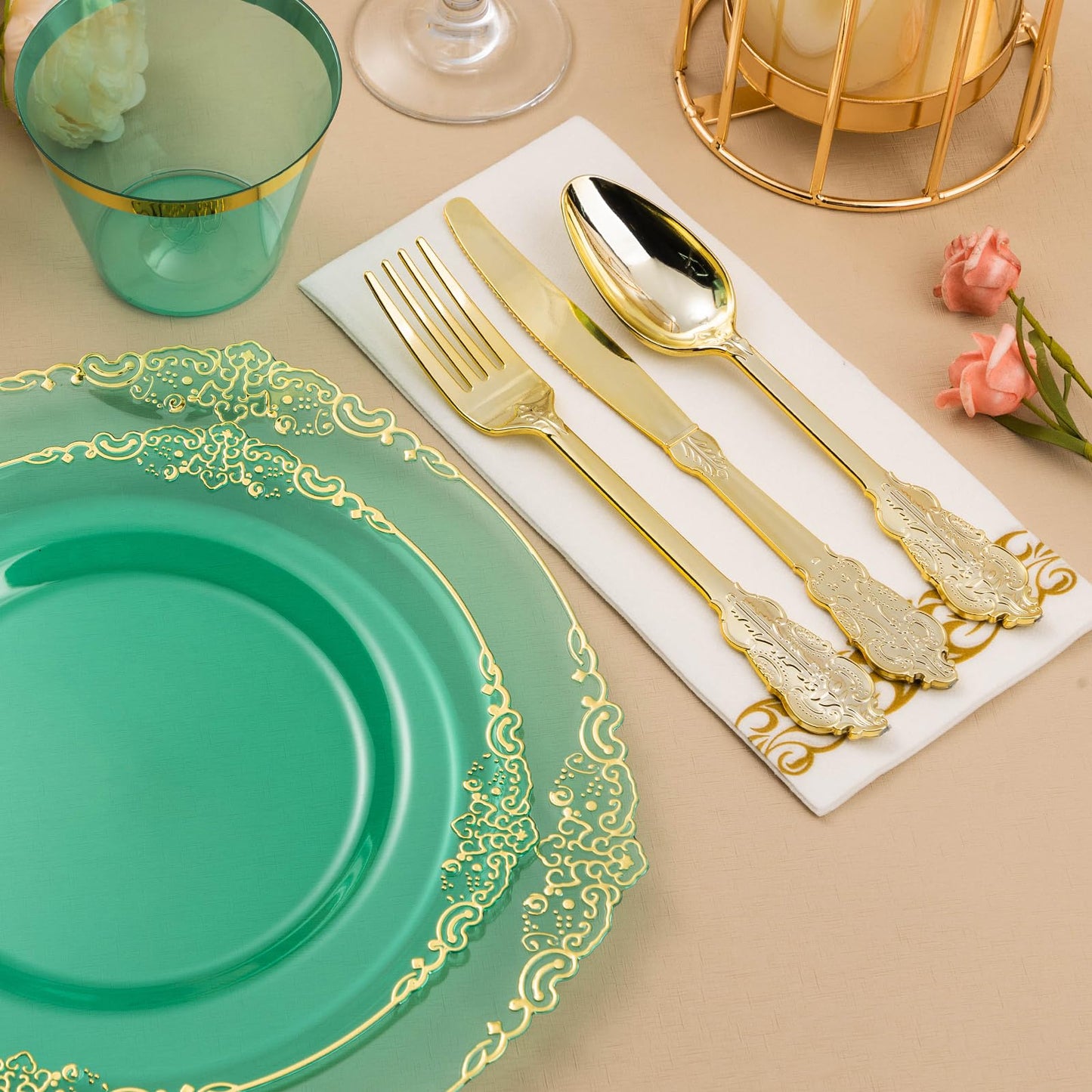 Goodluck Disposable Clear Green Plastic Dinnerware Sets