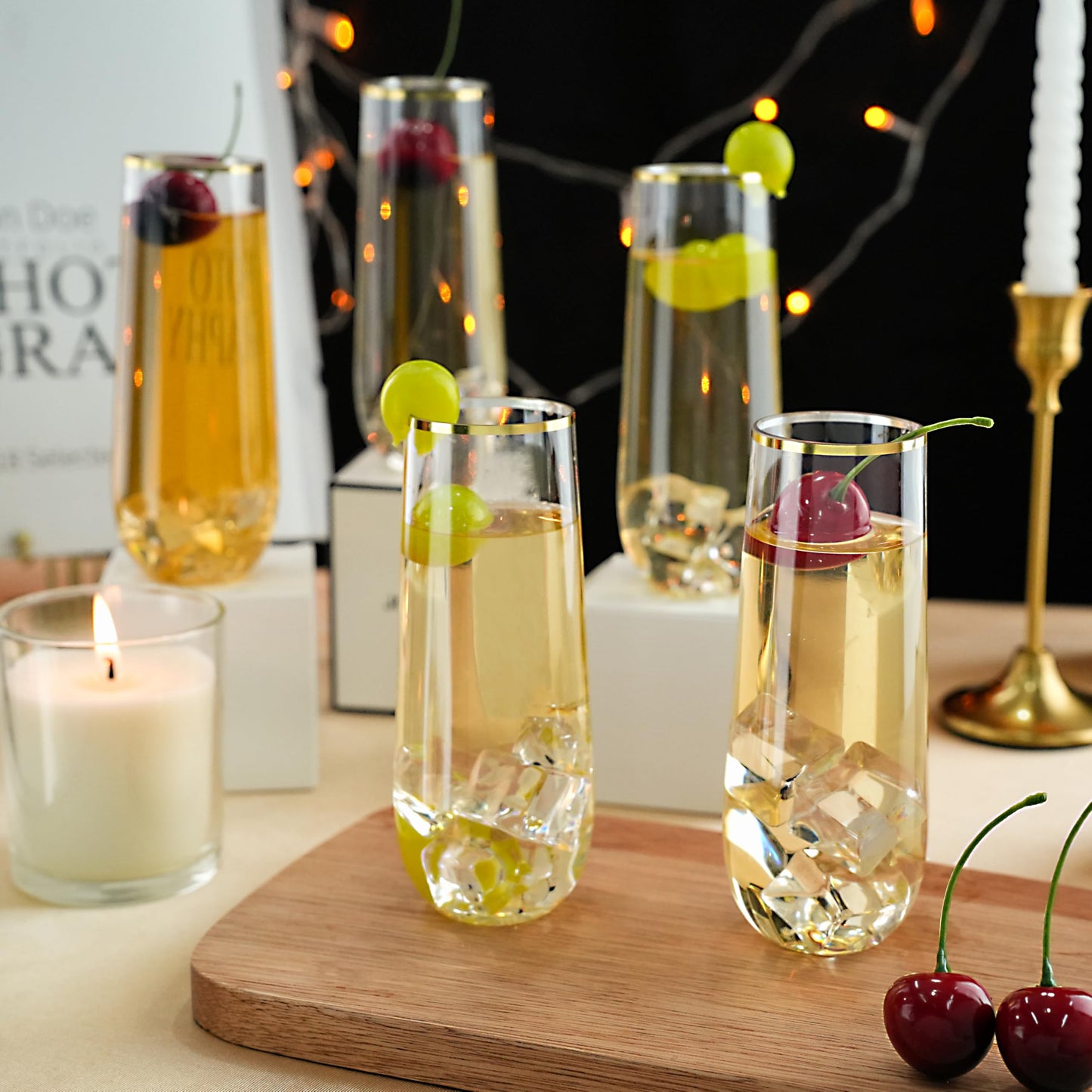 Goodluck 9 oz Disposable Stemless Clear with Gold Rim  Plastic Champagne Flutes for Party, Graduation & Wedding