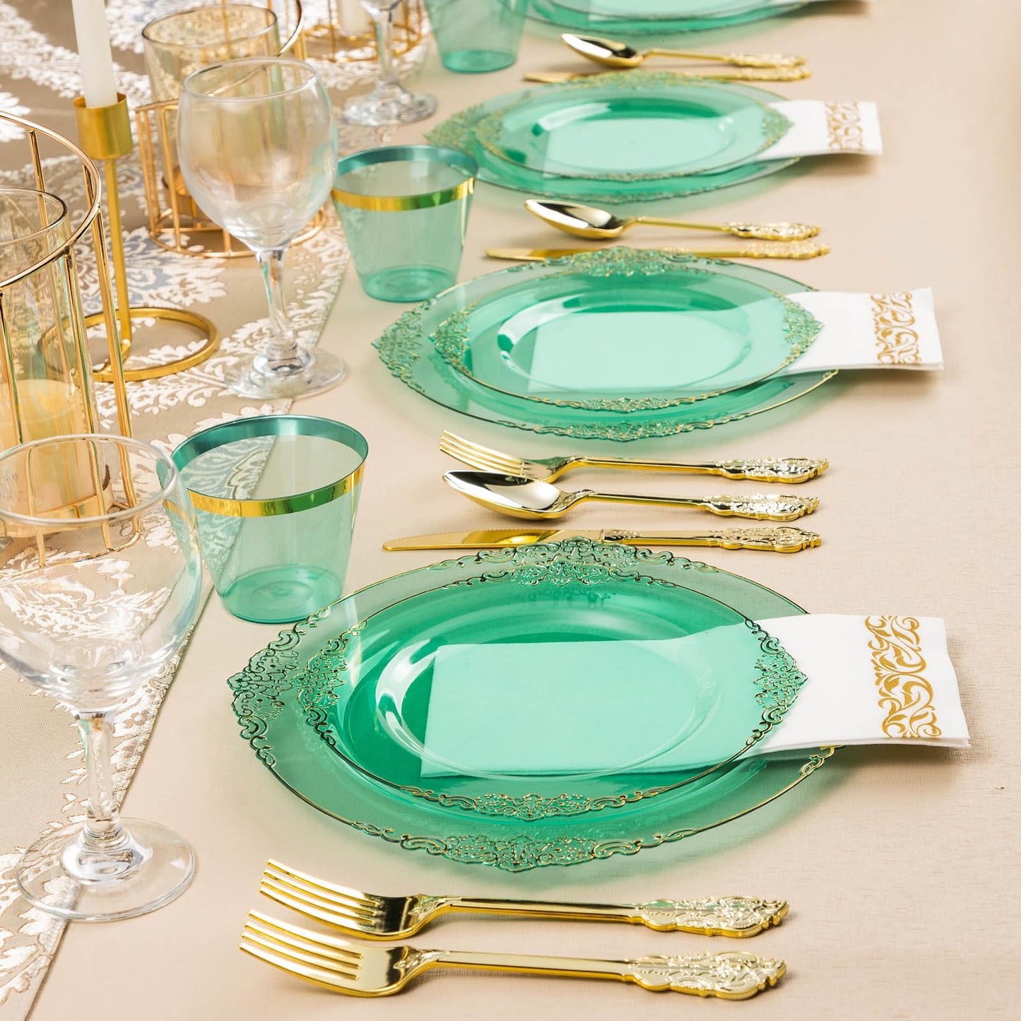 Goodluck Disposable Clear Green Plastic Dinnerware Sets