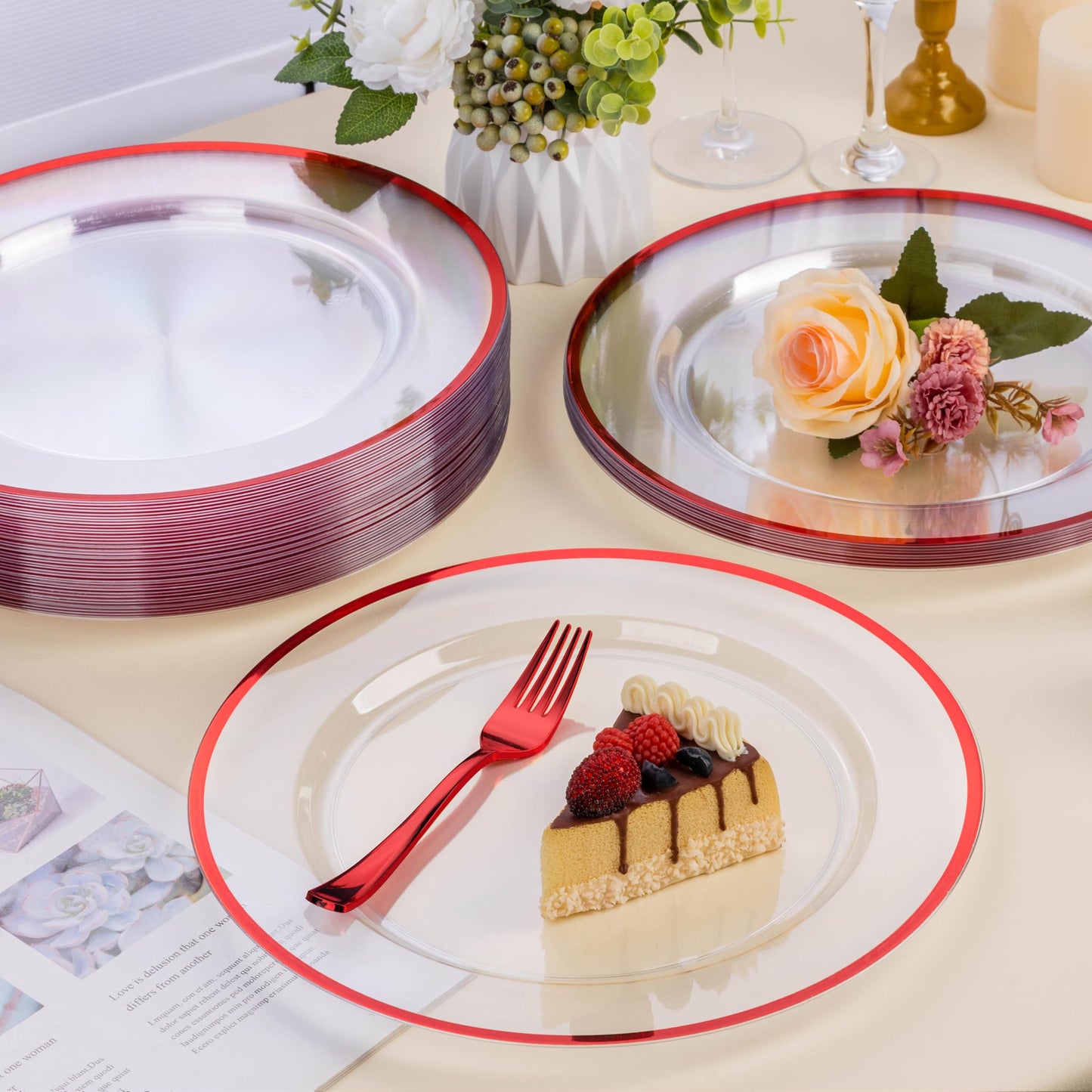 Goodluck 12 Inch Disposable Clear Plates with Gold Rim Decorated Charger Plates for Party, Wedding, Dinner