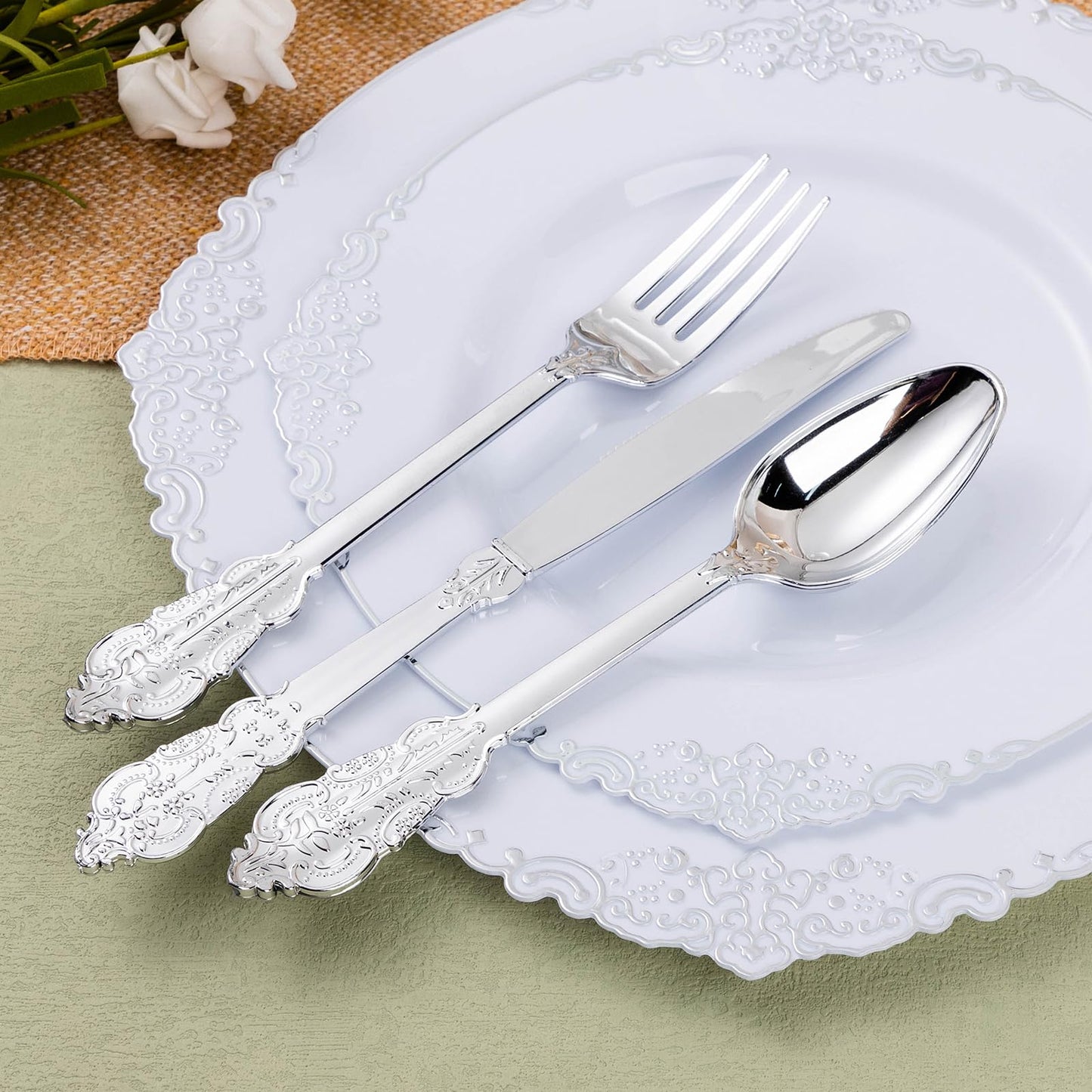 Goodluck 400 Pack Silver Plastic Silverware with Pre-Rolled Napkins for 100 Guests