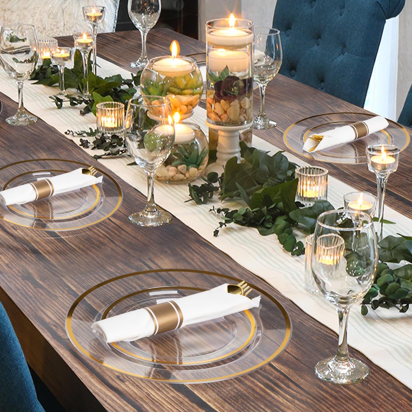 Goodluck 350 Piece Disposable Clear with Gold Rim Plastic  Dinnerware Set for 50 Guests