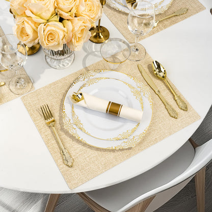 Goodluck 350PCS Disposable Retro White with Gold Rim Plastic Dinnerware for 50 Guests